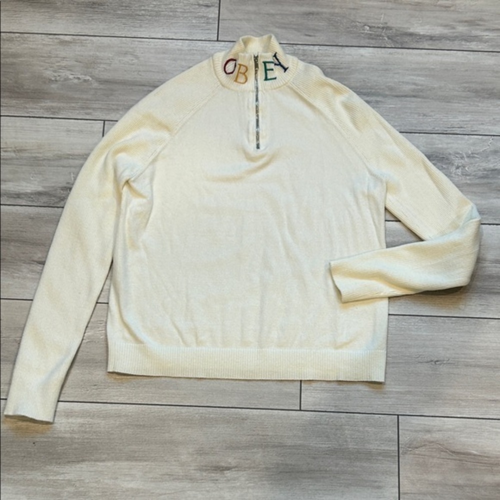 OBEY Worldwide 1/4 zip rainbow embroidered sweater size small